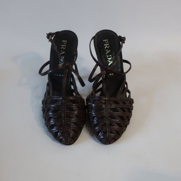 NWOB Womens Prada Brown Caged Strap Leather Cone Heel Slingback Pumps 39 US/9 - Picture 3 of 11